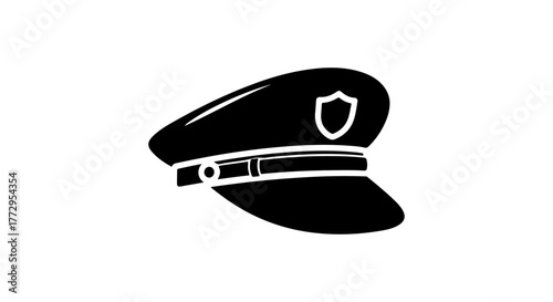 Black police cap with badge and strap isolated on white background