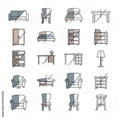 Furnishing selection: A collection of various furniture pieces are split, featuring a minimalist aesthetic and a range of styles with a clean design.