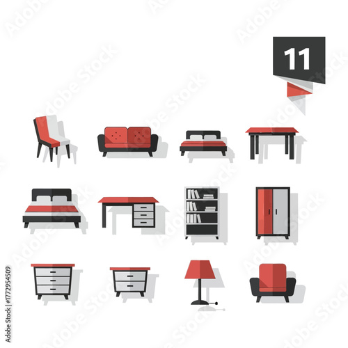 Modern Furniture Collection Icon Set: A vibrant collection of modern furniture icons. The image captures the essence of sleek design with clean lines and a contemporary color scheme.