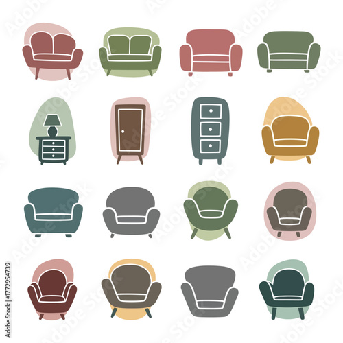 Furniture Collection: A curated collection of stylish furniture pieces in a variety of colors, perfect for interior design inspiration. Showcasing different styles of couches, chairs, and cabinets.