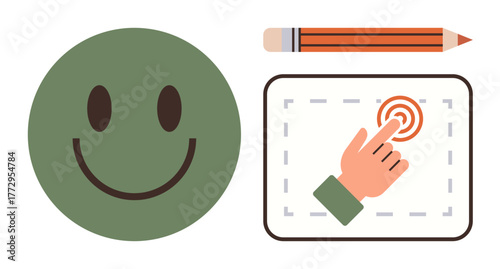 Green happy face, orange pencil, and hand tapping touch icon on tablet screen. Ideal for creativity, education, teamwork, user experience, communication learning and digital solutions. Simple flat