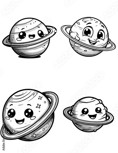Cute Kawaii Planets Set Black And White
