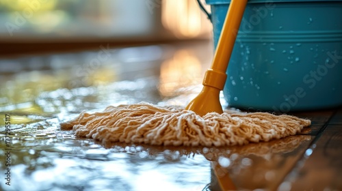 Mop and bucket cleaning a wet floor