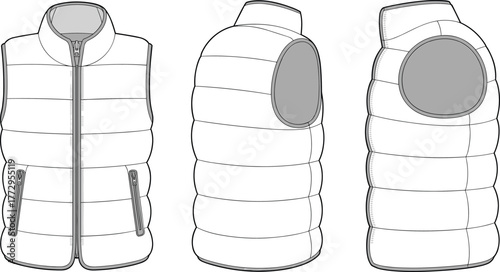 Puffer vest technical flat illustration, sleeveless quilted jacket design template, front and side view garment sketch for apparel design