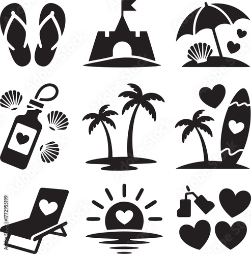 Black beach vacation icons including flip flops palm trees surfboard and sun vector