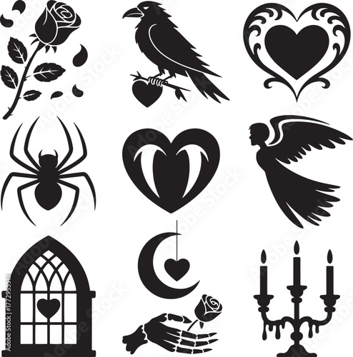 Black gothic symbols including rose crow spider angel heart moon and candelabra vector