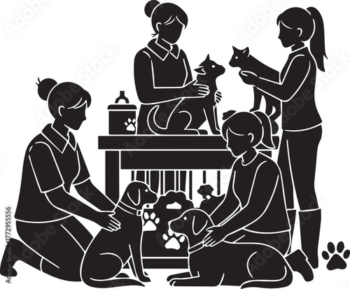 Diverse volunteers caring for dogs and cats celebrating international volunteer day event