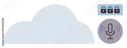 Cloud with microphone and padlock icons representing data storage, protection, and audio input. Ideal for security, cloud tech, privacy, data streaming, voice activation, encryption online sharing