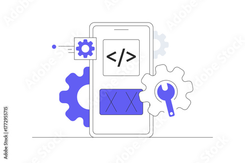 Setting up applications on a mobile phone, adjustment or maintenance app. Download configuration and install on phone. Flat Cartoon Vector Illustration, icon Stylish abstract design landing page web
