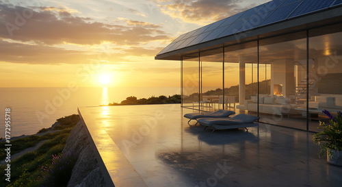 Modern glass house with infinity pool overlooking the ocean at sunset