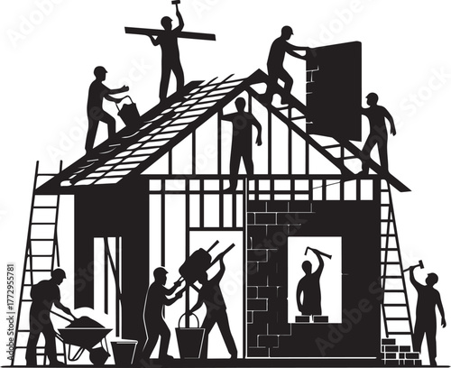 Diverse team of volunteers building a house together on international volunteer day