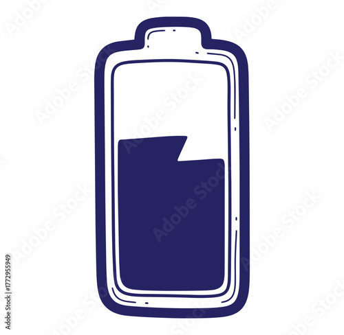 Hand-drawn blue battery icon illustrating low charge and energy depletion on white background