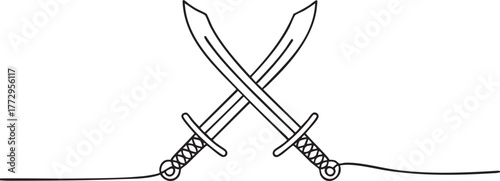 Continuous single line drawing of two crossed swords with curved blades and coiled handles, minimalist ancient weapon illustration