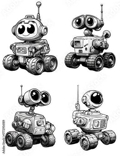 Cute Robot Characters Set Monochrome Vintage Style