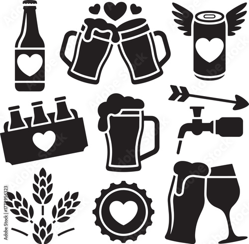 Collection of black beer and heart icons bottle glass