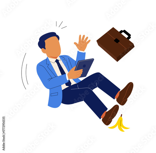 Businessman slipping on banana peel while using phone. Represents distraction, carelessness, workplace accident, risk and safety awareness concept.