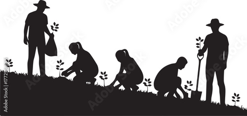 International volunteer day people planting trees together celebrating community and environmental action silhouettes