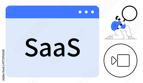 Browser window displaying SaaS text, man holding magnifying glass, video play icon. Ideal for cloud computing, software solutions, user interface, analytics, search, technology simple flat metaphor