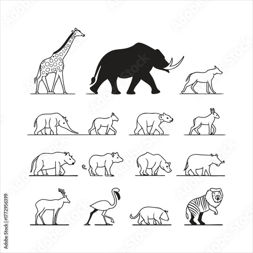 Silhouette vector set of wild and farm animals including lion elephant horse dog cat and giraffe