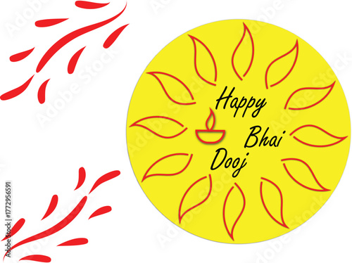 Happy Bhai Dooj greeting card, yellow background design, red leaf pattern with Diya illustration