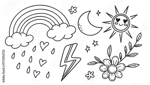 Cute Rainbow and Sunshine Doodle Coloring Page for Kids – Hand Drawn Line Art Illustration