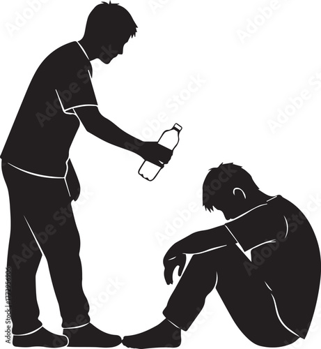 Generous volunteer offers water to sad person symbolizing charity and support international volunteer day concept