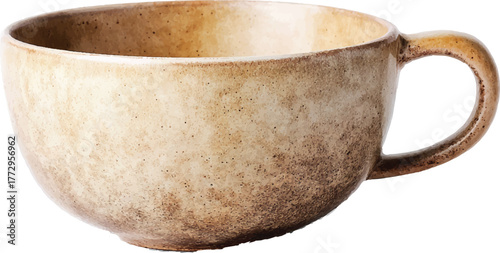 cup on a white background. a ceramic cup with a handle, large bowl shape, and beige color