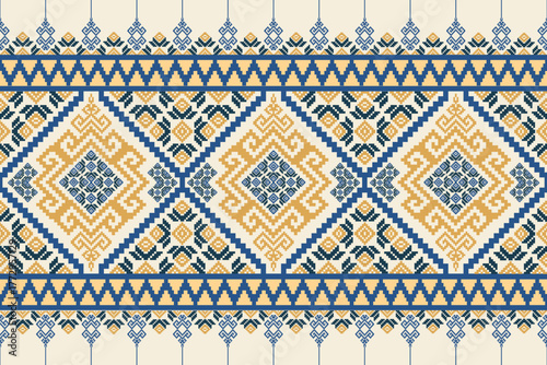 Seamless tribal geometric pattern in royal blue and mustard gold tones, ideal for textile prints, wallpapers, backgrounds, and ethnic-inspired design projects.