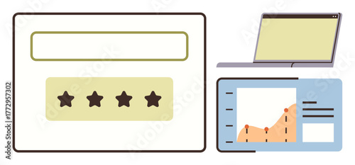 User review form with star rating, analytics chart showing trends, and open laptop screen. Ideal for feedback, ratings, data analytics, performance evaluation, digital marketing, productivity simple