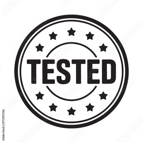 Black and white tested stamp with stars and circle border