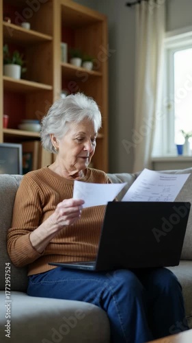 Middle aged older woman reading paper bill working at home using laptop computer in living room. Mature lady checking financial invoice or tax document making online payments worki.