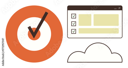 Orange bullseye with checkmark, browser window displaying checklist, and simple cloud icon. Ideal for productivity, goals, cloud computing, organization, project management workflow. Simple flat