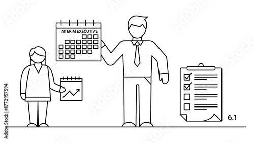 Business people with calendar, clipboard, and graph
