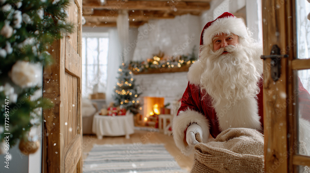 Obraz premium Weihnachtsmann mit Geschenken im festlich geschmückten Wohnzimmer