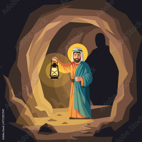 Lantern bearer in cave with light illuminating dark surroundings. Lantern holder explores cave revealing shadows and mysterious ambiance. Concept of exploration and spirituality in cave settings.