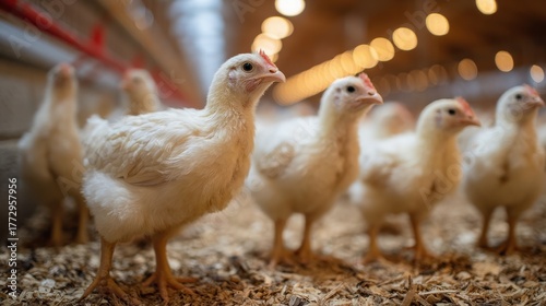 Flock of Young White Chickens Indoors