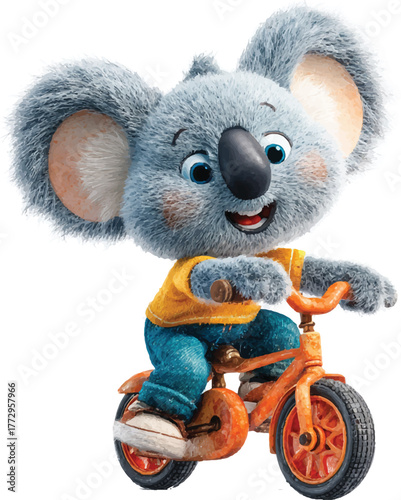 cute koala riding a toy bike, wearing blue pants and a yellow shirt with orange accents, in a plush style, against a simple white background