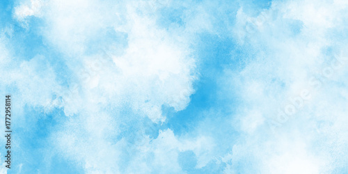 Design and Illustration blue sky watercolor background, bright blue sky Water color background, adorned with fluffy white clouds, abstract blue classic background with aged paint effect and minimal,
