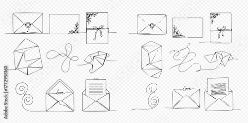 Elegant continuous line art collection of mail items including closed and open envelopes with letters, decorative accents, and abstract swirls, symbolizing communication.