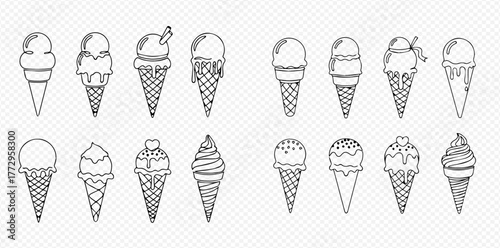 A collection of various hand-drawn ice cream cones with different scoops, toppings, and styles, presented as black and white line art.