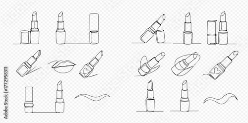 Continuous line art drawings of various lipsticks in different orientations and a pair of lips on a transparent background.
