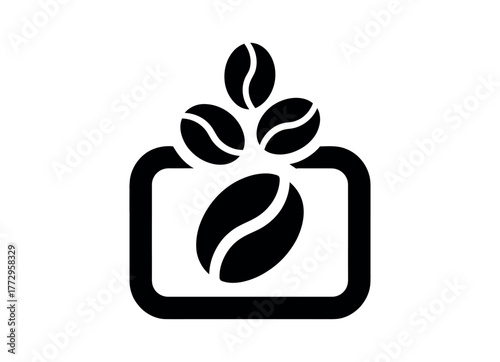 Stylized black and white illustration of coffee beans in a square frame, representing the essence of coffee.