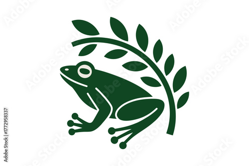 Green frog silhouette nestled under a leafy branch, symbolizing nature and growth.