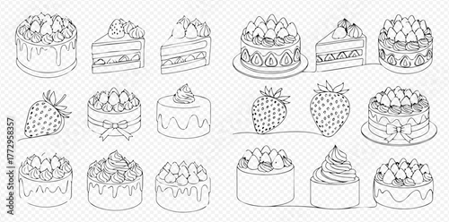 Hand-drawn sketch collection of various strawberry cakes, cake slices, and fresh strawberries in black and white line art style.
