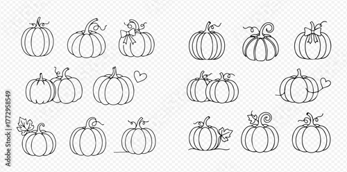 A collection of outline drawings featuring various pumpkins with decorative elements like leaves, vines, bows, and hearts.
