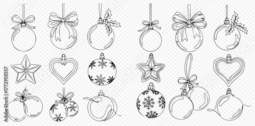 Hand-drawn collection of festive Christmas ornaments including baubles, stars, and hearts with bows and snowflake patterns in line art style.