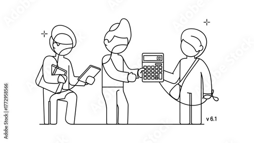 People exchanging calculator in line art style