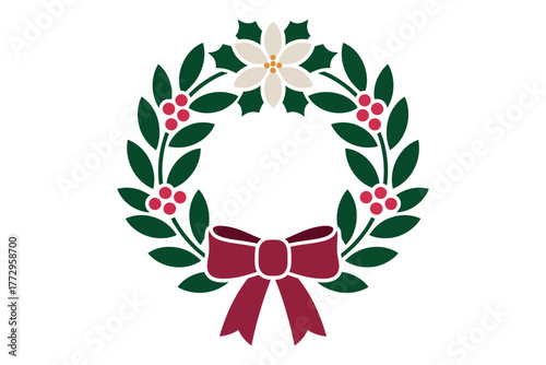 Festive Christmas wreath with red bow and poinsettia, celebrating holiday spirit