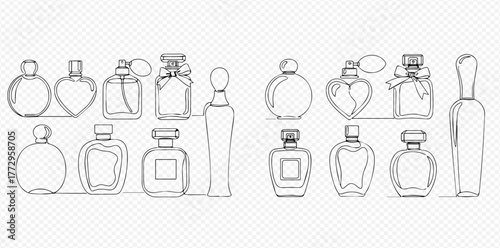 Line art drawing of various perfume bottles with different shapes and designs.