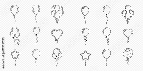 Set of hand-drawn outline balloons in various shapes like oval, heart, and star, with strings, perfect for celebrations, parties, and graphic design elements.